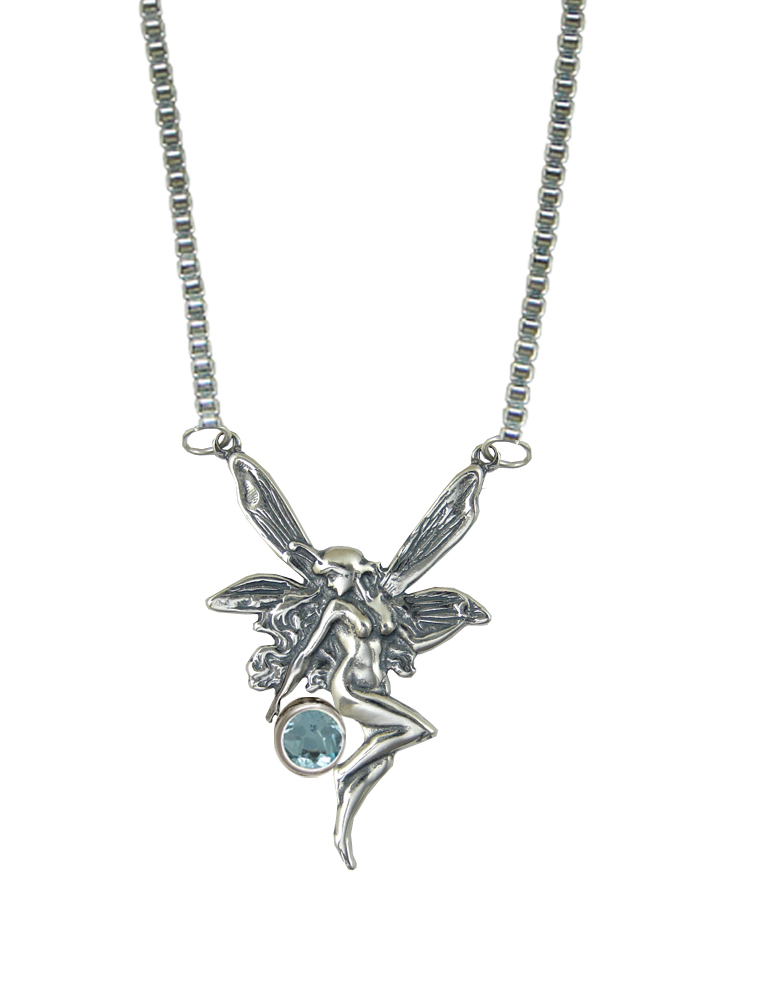 Sterling Silver Victorian Heart Fairy Pendant With Blue Topaz